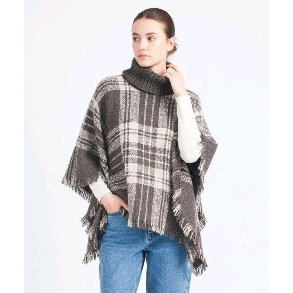 Grace & Lace Poncho Wrap Cape One Size OS Knit Plaid Gray Fringe Boho Cowl Neck